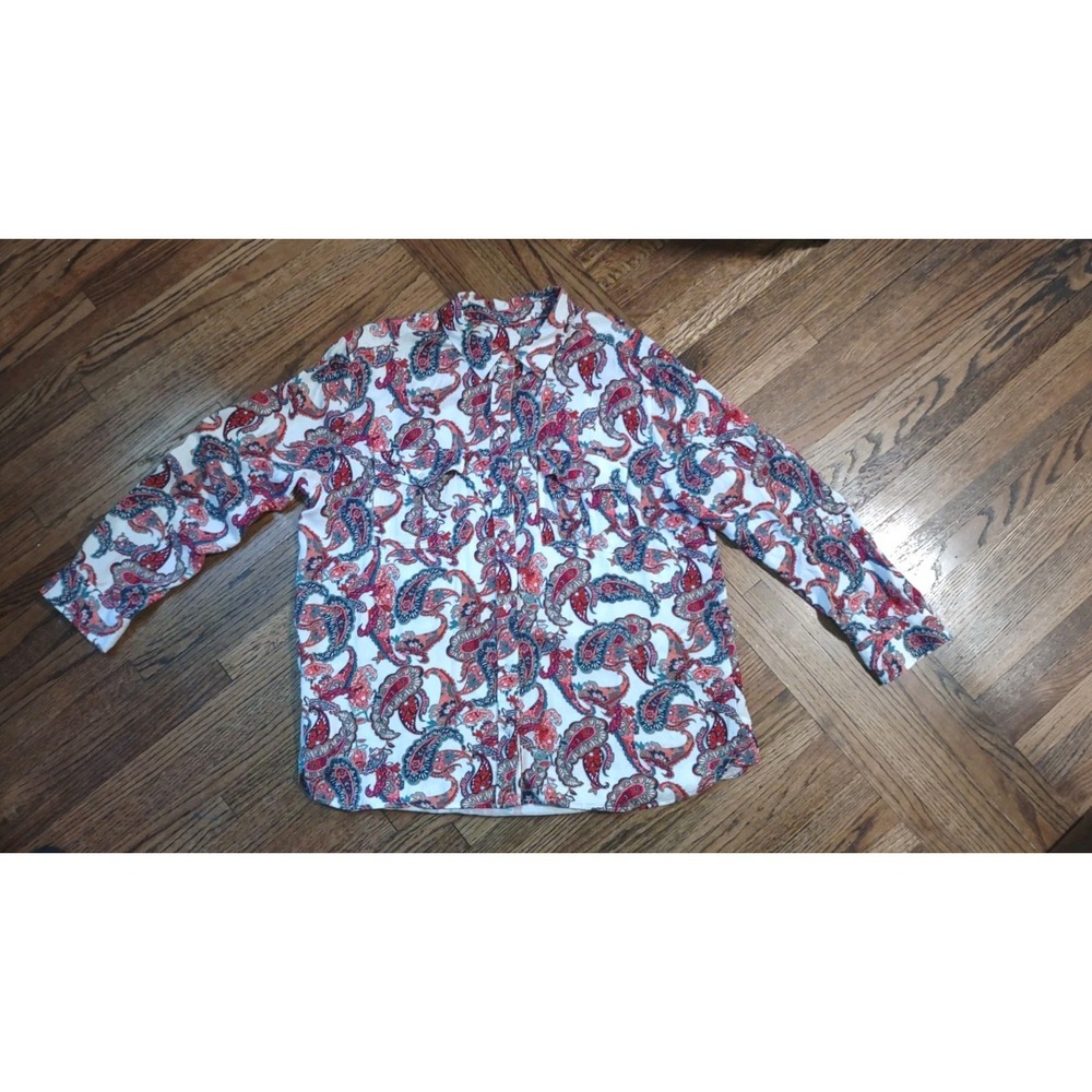 Womens Paisley Button Down Shirt Long Sleeve Red Blue White Blouse RN 93677